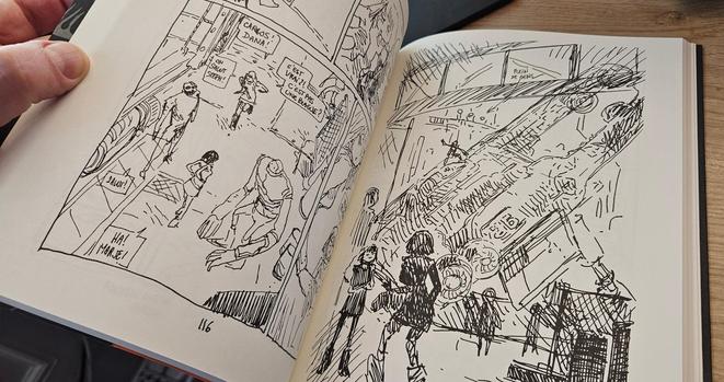 Une double page intérieure où l'un des personnages principaux découvre un vaisseau spatial.