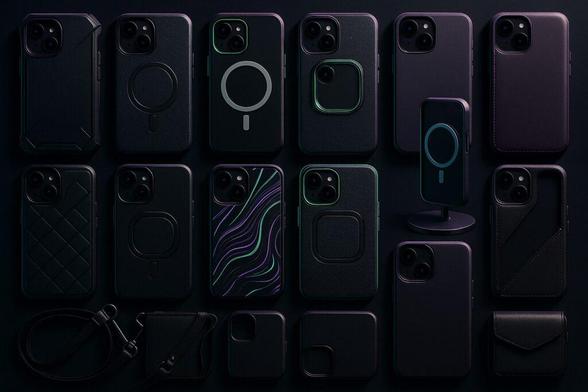 Ilustracja przedstawiająca różnorodne etui i akcesoria do iPhone 17 na ciemnym tle.