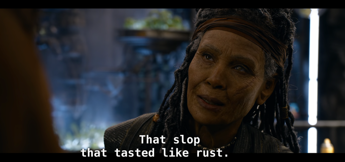 still from the movie, where Niobe says "That slop that tasted like rust"
