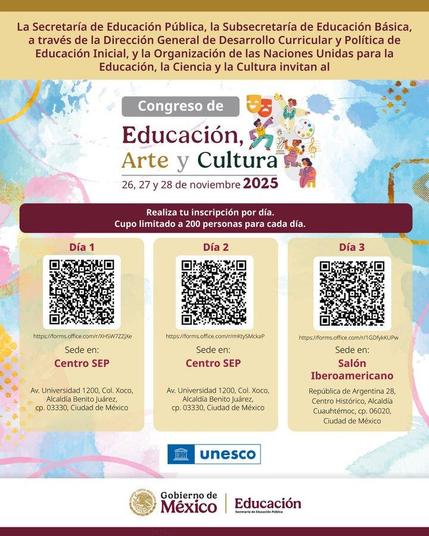 Maestras y maestros de #EducaciónBásica, les invitamos a ser parte del Congreso de Educación, Arte y Cultura 2025 a celebrarse este 26, 27 y 28 de noviembre, el cual es un espacio pensado para inspirarnos, compartir experiencias innovadoras y conectar con profesionales apasionados como tú. 👩🏻‍🏫👨🏻‍🏫