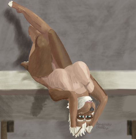 A brown wolf hanging upside down on her bed