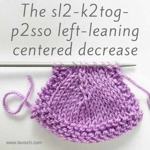 A swatch in lilac yarn on a white background, showing the sl2-k2tog-p2sso triple decrease.