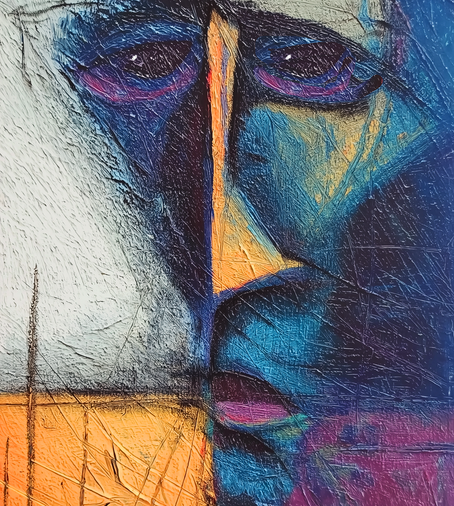 This painting captures a haunting, introspective mood through bold geometry and intense color contrasts. The image depicts an abstracted human face, divided into sharp planes of blue, orange, purple, and yellow. The eyes, shadowed and heavy with emotion, draw the viewer in — suggesting contemplation, sadness, or quiet strength. The composition uses rough, textured brushwork and angular forms, giving the impression of inner tension beneath a calm surface. The split down the center of the face — cool tones on one side, warm on the other — symbolizes duality: logic and emotion, light and darkness, presence and absence.