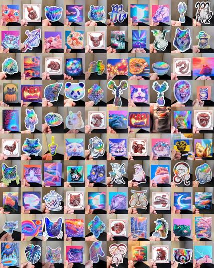 Compilation of 100 stickers, each with a pair of fingers holding them up. It is a 10x10 grid of images of both holographic and matte stickers.