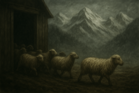 Eine Schafherde verlässt einen Holzstall und geht rechts aus dem Bild. Im Hintergrund erheben sich schneebedeckte Berge.