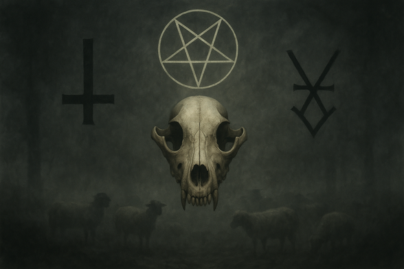 Über der Schafherde im Dunst hängt ein Wolfsschädel, über dem ein Pentagramm, das auf der Spitze steht, in einem Kreis hängt. Auf der linken Seite schwebt ein umgedrehtes schwarzes Kreuz und auf der rechten Seite eine undefinierbare schwarze Rune.