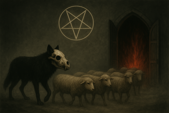 Auf der linken Seite trabt ein schwarzer Wolf mit einem Wolfsschädel als Kopf nach rechts und treibt die Schafherde auf ein offenes Portal zu, in dem Feuer lodert. Über der Schafherde schwebt das schon bekannte Pentagramm in einem Kreis.