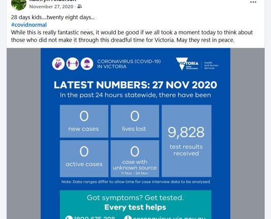 Victorian department of health stats, showing zero new cases, zero lives lost, zero active cases, making a total of 28 days since the last positive case. This was towards the end of the first year of the #COVID19 pandemic. Which is still going. 