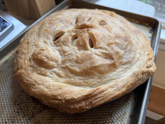 A pie. The crust is puffy and on the edge shows multiple distinct layers. It’s golden brown and somewhat untidy. 
