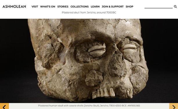 Close-up on the face of one of the replastered Neolithic skulls from Jericho: A face made of gypsum is modeled on the bare skull, eye sockets inlayed with cowrie shells.