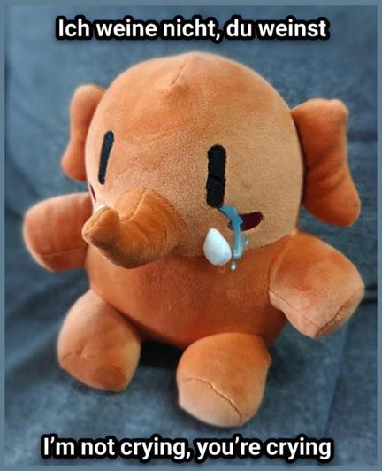 Ich weine nicht, du weinst.

I’m not crying, you’re crying


The Mastodon stuffed animal mascot—in the color variation "Activity Peach" (dark orange)—sits on a gray couch
Das Mastodon Stofftier Maskottchen - in der Farbvariationen "Activity Peach" (dunkles orange) - sitzt auf einer grauen Couch


https://chriswolak.com/2024/10/01/origin-of-im-not-crying-youre-crying/

Origin of “I’m not crying, you’re crying”?	



Case in point: A Tale of Two Cities by Charles Dickens, serialized in 1859.

On the day of a beloved friend’s wedding, two matter-of-fact characters, Miss Pross, the no-nonsense housekeeper, and Mr. Lorry, who is all business all the time, have this brief exchange:

“‘Well; but don’t cry,’ said the gentle Mr Lorry.
‘I am not crying,’ said Miss Pross; ‘you are.'”