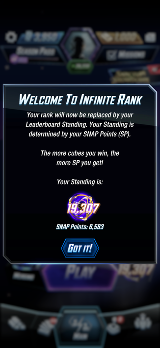 A screenshot of the mobile game Marvel Snap showing me hitting the Infinite level. 