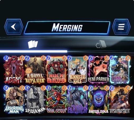 A screenshot of the mobile game Marvel Snap showing my merge deck. 
