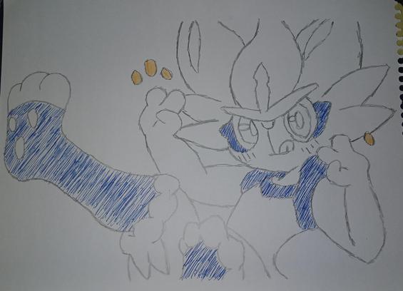 El dibujo muestra una criatura con rasgos felinos. Está dibujada con líneas azules y negras, con algunos detalles de color naranja en los ojos. La criatura tiene una expresión intensa, con los dientes ligeramente visibles. Sus patas delanteras son grandes y parecen estar extendidas hacia delante. La criatura tiene orejas puntiagudas y un hocico corto.