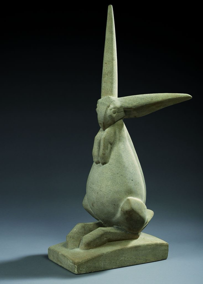 official gallery photo of the rabbit sculpture in quarter turn side profile on gradient grey-blue to black background material labeled “white stone” but color is a pale green small statue of a rabbit (hare?) standing up on bent hind legs with front legs down against chest and very long ears, one straight up and one bent down nearly 90 degrees 