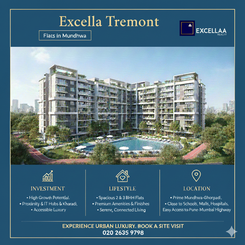 Discover thoughtfully designed 2 & 3 BHK flats in Mundhwa by Excellaa Realty, offering spacious layouts, natural ventilation, and modern amenities for families and working professionals. These flats provide a perfect balance of comfort, convenience, and security. Strategically located, they offer easy access to schools, hospitals, shopping centers, and IT hubs, making daily life seamless and enjoyable. With peaceful surroundings and practical layouts, these residences ensure long-term value while catering to modern urban lifestyles. Choose Excellaa Realty for homes that combine elegance, functionality, and a premium living experience in Mundhwa.