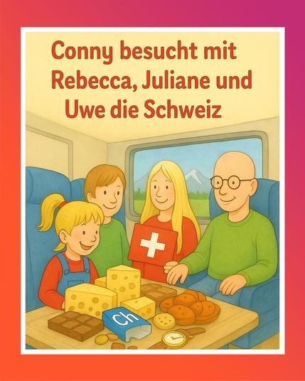3 Personen fahren mit Conny im Zug in die Schweiz