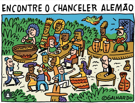 Wo ist der deutsche Kanzler? Wimmelsuchbild mit Menschen, die das Leben genießen ... ein Mann guckt griesgrämig ...