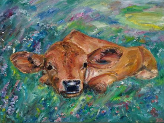 A painting of a cute young brown cow laying calmly in the blue green meadow. Animal art by Jura Kuba for sale. Oil on stretched canvas, 80 x 60 cm. Sides are painted. Ready to hang.
