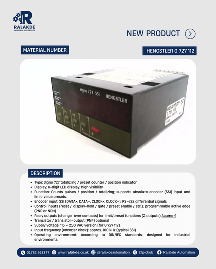 Front panel view of a Hengstler Signo 727 totalizing counter with 6-digit LED display, rectangular DIN-style housing (96 × 48 mm), designed for panel mounting in industrial control systems.