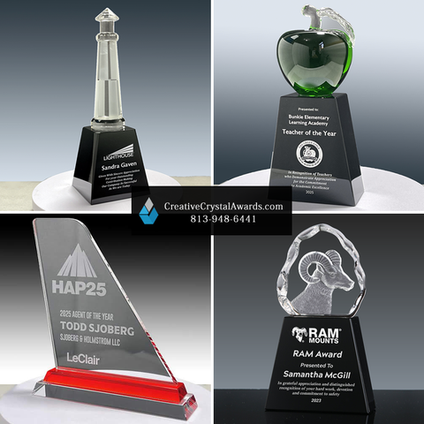 Employee recognition awards, corporate awards, custom crystal trophy awards, awards for employees, employee awards, crystal recognition awards, corporate crystal awards, high-end crystal awards, Creative Crystal Awards