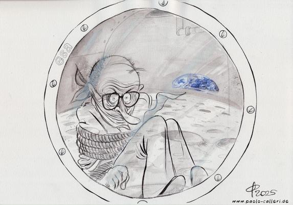 Karikatur. Blick durch ein Bullauge in ein Raumfahrzeug. Auf der Fensteroberfläche spiegelt sich die Oberfläche des Mondes. Im Innern des Raumfahrzeugs befindet sich Friedrich merz. Er ist gefesselt und geknebelt. Sein Blick ist wütend.