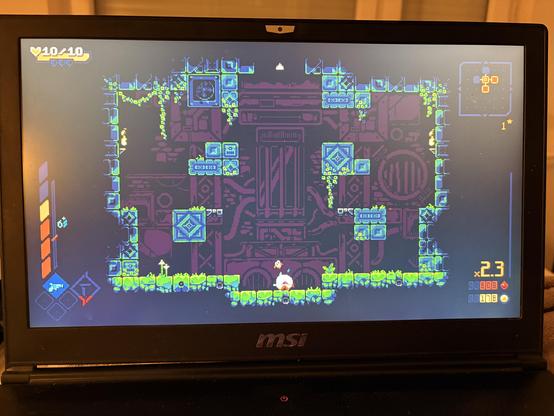 Primer nivel del juego ScourgeBringer. Es una habitación tipo mazmorra de piedra con toques naturales de plantas de verde brillante y humedad y la protagonista abajo esperando a dar espadazados a todo lo que se mueva. Estilo pixel art del bueno.