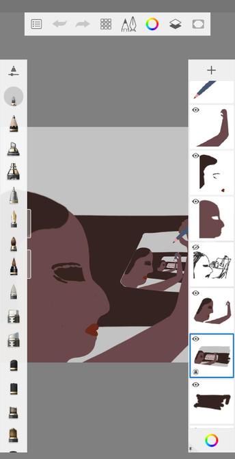 Screenshot of Sketchbook app disclosing the layers composing the previous art. The original draft is seen at the fifth layer. 

But, once again, this post also conceals text within the alt-text.

"For our news coverage on the locust swarms, the FAO secretary officially declared red level calamity, as about 80% of all world crops were lost. While seed vaults are being considered to be used, many specialists are warning against it, saying that this would lead to further depletion of resources."

"On today's news, another strange artifact was found. This time, a group of villagers in a rural Argentinian town were awakened by a loud noise which they found out to be a bust which seemingly fell from the sky. The sculpture, measuring about 11 feet tall and whose weight is still unknown, is yet to be inspected as authorities are struggling to remove it due to its unexpected weight. Some archaeologists readily recognized the bust as being a depiction of Sekhmet, a deity from ancient Egypt, and inspections in situ confirmed the artifact to be made of minerals found in northeast Africa, although nothing is known on how an Egyptian artifact ended up crashing in Argentina." 
