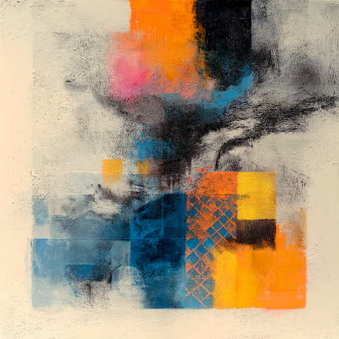 This painting captures a haunting, introspective mood through bold geometry and intense color contrasts. The image depicts an abstracted human face, divided into sharp planes of blue, orange, purple, and yellow. The eyes, shadowed and heavy with emotion, draw the viewer in — suggesting contemplation, sadness, or quiet strength. The composition uses rough, textured brushwork and angular forms, giving the impression of inner tension beneath a calm surface. The split down the center of the face — cool tones on one side, warm on the other — symbolizes duality: logic and emotion, light and darkness, presence and absence.