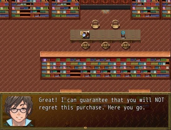 A screenshot from a retro-style role-playing game. The setting is a library.There are many bookcases full of multi-coloured books, and a long table with chairs for people to read at. No characters are visible in the picture. At the bottom is a text window, with a portrait of a smiling bespectacled young man, and the text: "Great! I can guarantee that you will NOT regret this purchase. Here you go." This screenshot contains a mild spoiler for the sequel to our first finished game, but I expect few people will read this description, and even fewer will play the game when it's out, so... (come on, prove me wrong, I dare you).