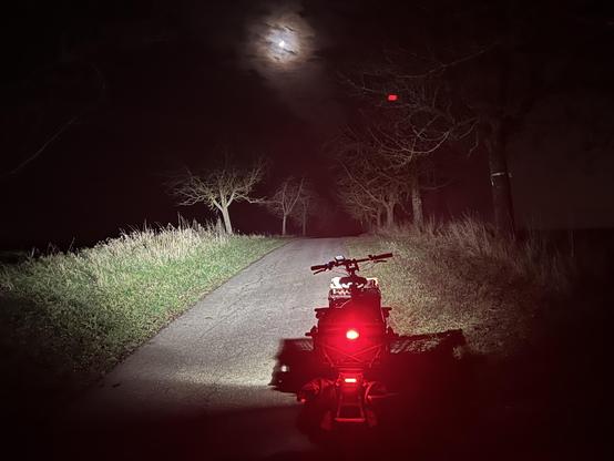 Ein Lastenrad, in finsterer Nacht abgestellt auf einem einsamen Feldweg. Der Scheinwerfer leuchtet er in paar Apfelbäume entlang des Weges an. 

Darüber leuchtet ein halber Mond dramatisch zwischen kleinen Wölkchen hindurch