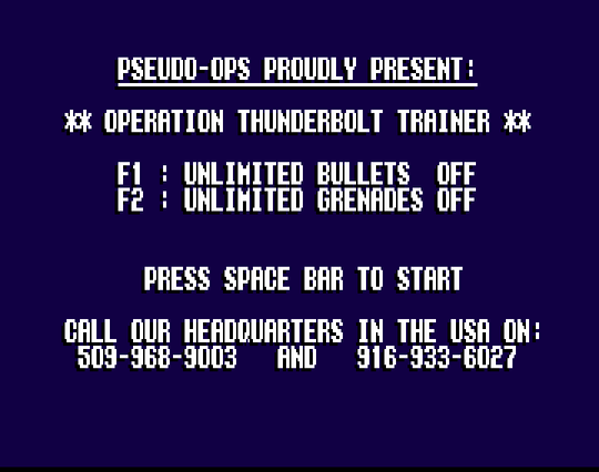 Screenshot of "Operation Thunderbolt" - Trainer (+2): Pseudo-Ops - Published by Ocean on Commodore Amiga (1988)