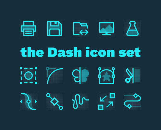 A selection of Dash's monochromatic UI icons on top of a dark background.