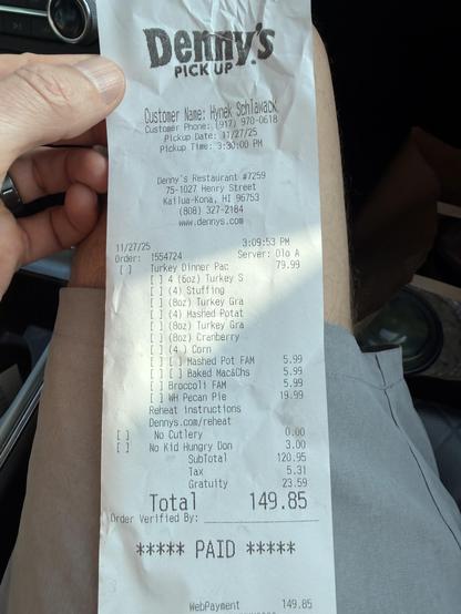 Denny’s pickup receipt for a turkey family dinner. 