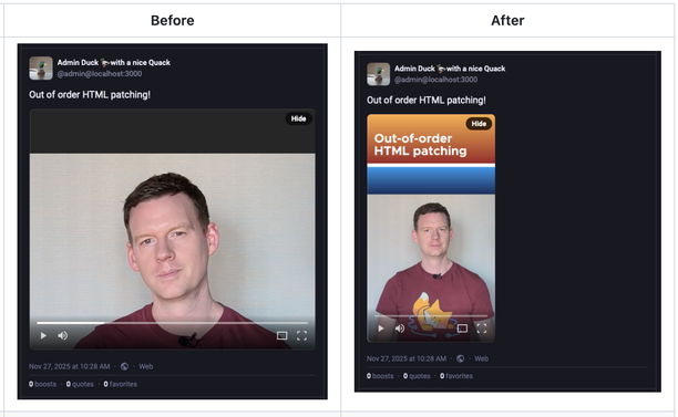 Before: video in the post is larger; after: video is smaller.