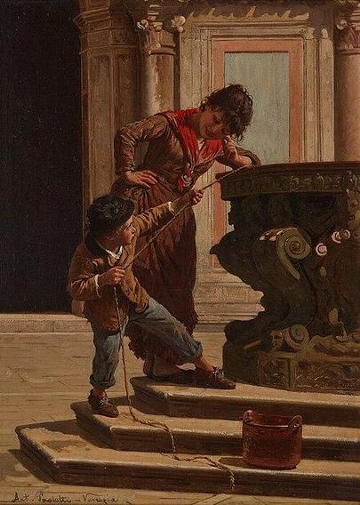 A young boy is straining to draw water at a public well with a smiling woman watching him as she leans of the well's edge. The boy is dressed in a brown jacket with a white shirt and blue trousers with dirty knees as well as a black hat, red socks and brown shoes. His face is red with exertion and he is totally focused on the rope he is pulling. The woman is wearing a brown and red striped gown and a red scarf/shawl over her shoulders. She has dark curly hair and has one hand on her hip and her other elbow is propped on a dark stone fountain-style well. Image by Antonio Ermolao Paoletti (1834-1912) from Wikimedia Commons.