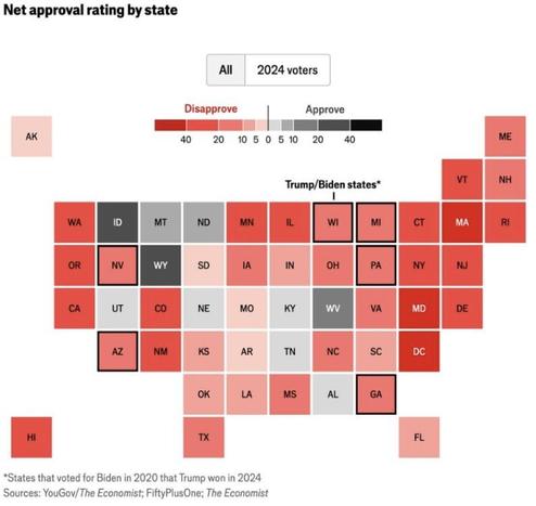 Zustimmungsraten per US-Bundesstaaten grafisch/farblich dargestellt: Nur noch 10 Staaten stimmen aktuell Trump zu (grau), der Rest (rot) lehnt seine Politik ab…