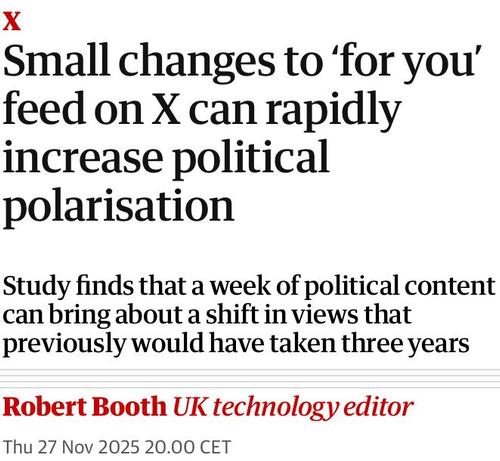 Headline-Screenshot zum im Tröt verlinkten Artikel 

X
Small changes to ‘for you’ feed on X can rapidly increase political polarisation

Study finds that a week of political content can bring about a shift in views that previously would have taken three years

Robert Booth UK technology editor
Thu 27 Nov 2025 20.00 CET