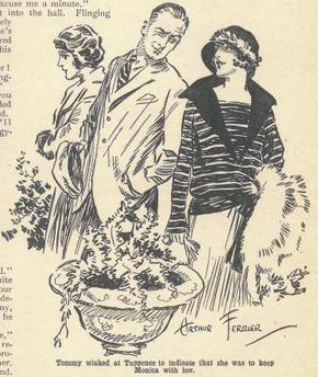 Illustration by Arthur Ferrier of Tommy and Tuppence from the December 1923 issue of The Grand Magazine and the first-known image of the characters.

The drawing shows a stylish young couple in early-1920s fashion. Tommy stands on the left, dressed in a neat suit with a bow tie, his posture upright and confident. Tuppence stands beside him, slightly angled toward him, wearing a fashionable cloche hat and a long, elegant coat. Her expression is lively and self-assured.

https://en.wikipedia.org/wiki/Tommy_and_Tuppence#/media/File:T&T1923.jpg