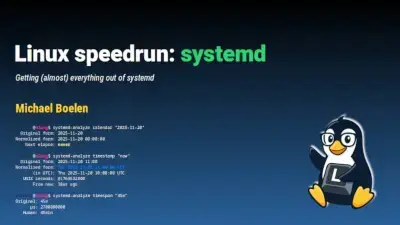 Title slide of Linux speedrun: systemd, a presentation about systemd tools and usage.