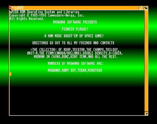 Screenshot of "Pioneer Plague" - Crack: Madwand - Published by Mandarin Software on Commodore Amiga (1988)