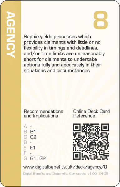 Image of the DBD Cornucopia Eight of Agency card with text 'Sophie yields processes which provides claimants with little or no flexibility in timings and deadlines, and/or time limits are unreasonably short for claimants to undertake actions fully and accurately in their situations and circumstances'
