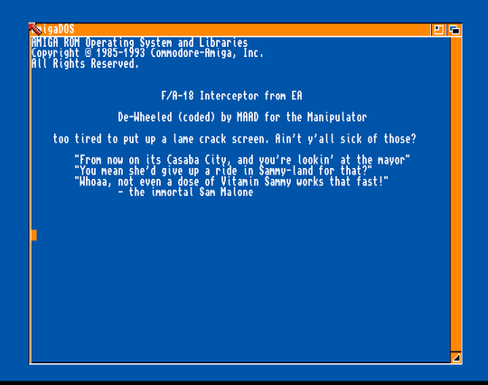 Screenshot of "FA-18 Interceptor" - Crack: MAAD - Published by Electronic Arts on Commodore Amiga (1988)