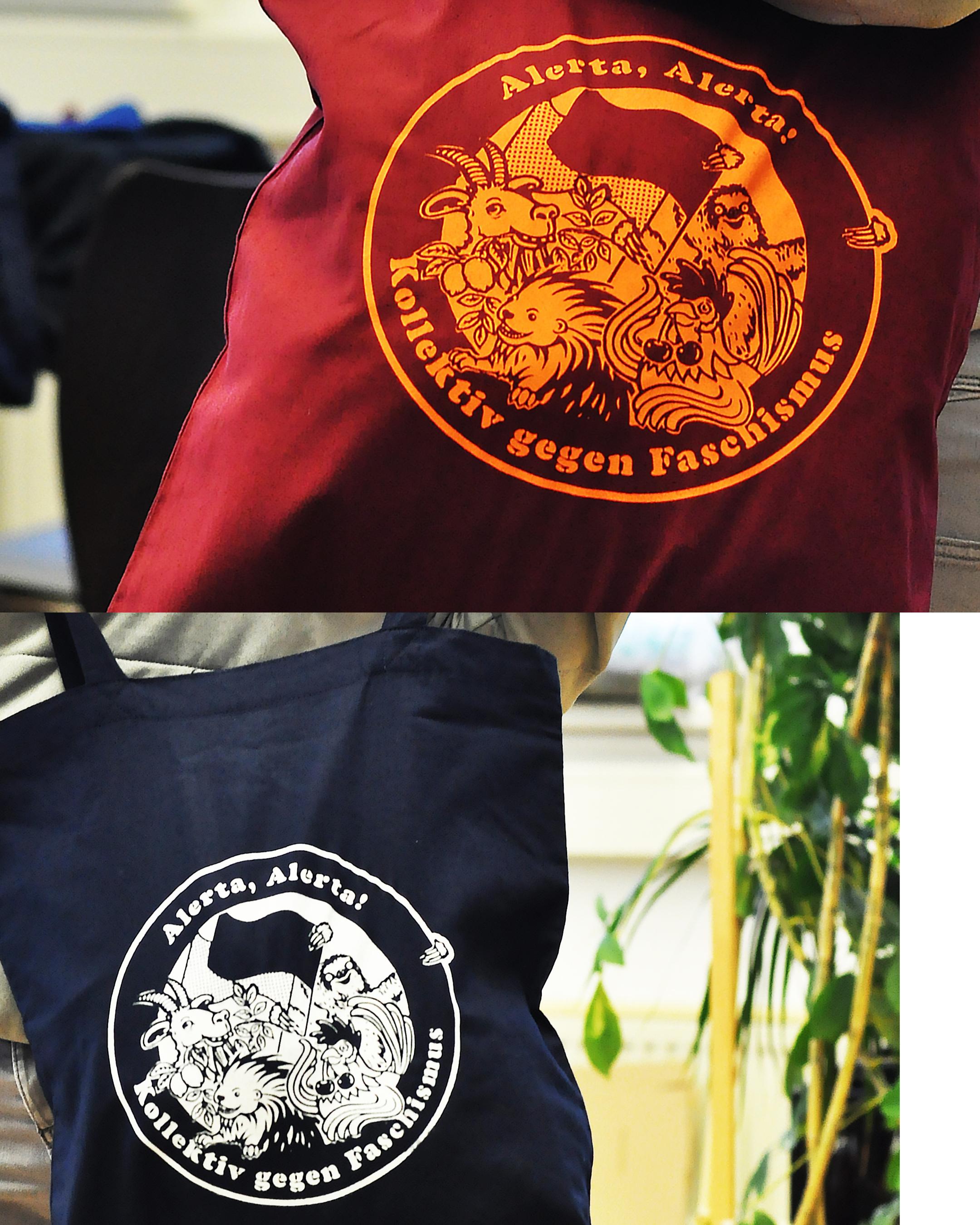 Bildausschnitt von Jutebeutel, auf dem das Logo mit allen kolle-Tieren abgebildet ist mit dem Text "Alerta, Alerta! Kollektiv gegen Faschismus"