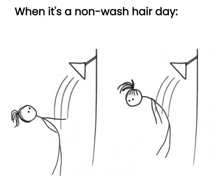 A simple, black-and-white stick-figure cartoon illustrating the careful avoidance of getting hair wet during a shower on a non-wash day. The top text reads: "When it's a non-wash hair day:". The cartoon shows two panels. In both panels, a female stick figure with a ponytail is leaning backwards awkwardly into the shower stall to avoid the stream of water coming from the shower head, illustrating the effort required to keep one's hair dry.