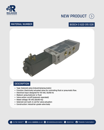Bosch solenoid valve part number 0 820 015 026 with valve body and coil housing for pneumatic or fluid control systems.