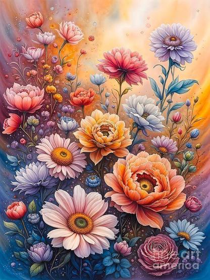 A pretty colorful floral image for all occasions.

An enchanting display of delicate flowers in various colors captivates the viewer. The vibrant blossoms seem to bloom against a mix of warm and cool hues.

This artwork blooms with radiant energy, presenting a lush and enchanting bouquet of flowers painted in a swirl of warm and cool tones that blend like a sunrise meeting twilight. Layer upon layer of petals unfurl in soft pinks, vibrant oranges, gentle lavenders, and creamy whites, each blossom detailed with delicate textures that make them feel almost alive. The background glows with dreamy gradients of gold, coral, and deep sapphire, creating a magical atmosphere where the flowers seem to float in a world of light and color.
Tiny buds, leaves, and sparkling specks drift throughout the scene, adding depth and whimsy as though the garden itself is suspended in a beautiful moment of wonder and harmony.

THE FINE ART AMERICA LOGO WILL NOT APPEAR ON PURCHASED PRINTS OR PRODUCTS.