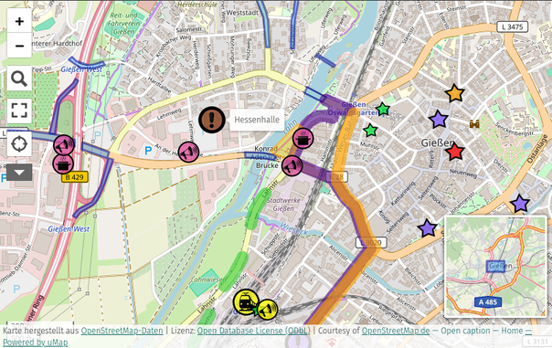 Karte der Innenstadt von Gießen, zu sehen sind zusätzlich typische Symbole einer Aktionskarte