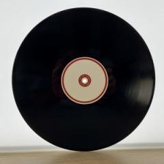 Es wird eine schwarze Vinylplatte gezeigt, die ein schlichtes Etikett in der Mitte mit einem roten Ring aufweist.