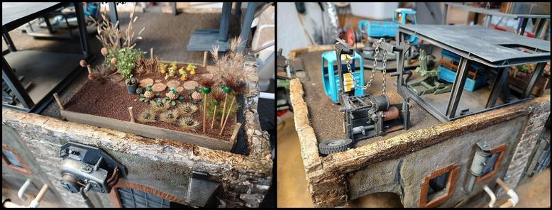 WIP postapo desert outpost diorama, workshop and farming areas.